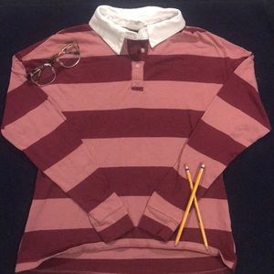 pink and purple striped collared long sleeve tee